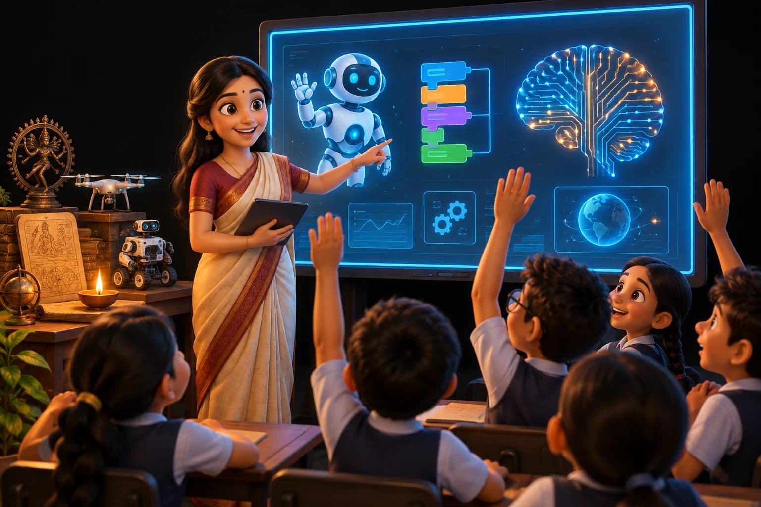 Teacher using a smart board to teach robotics, AI and Indian knowledge