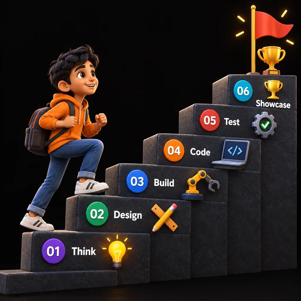 Six project steps: Think, Design, Build, Code, Test, Showcase