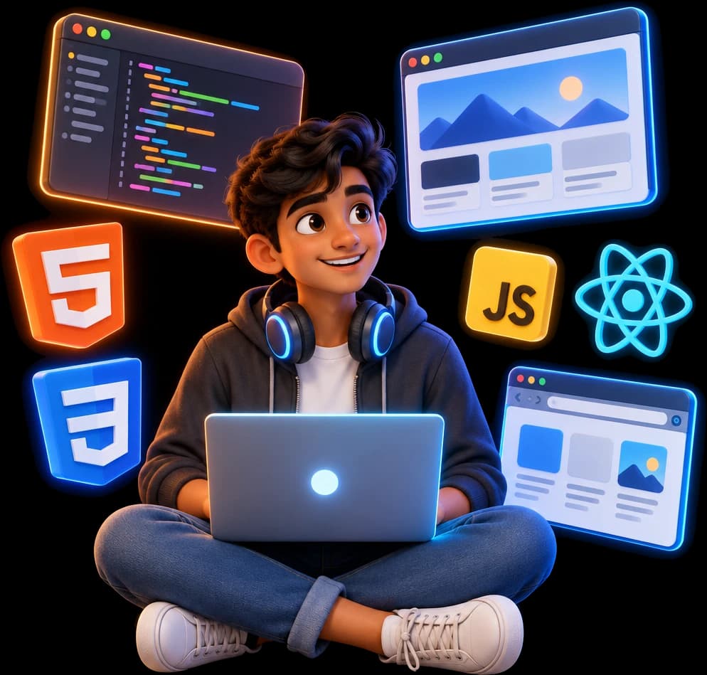 Student learning web development with HTML, CSS, JavaScript and React